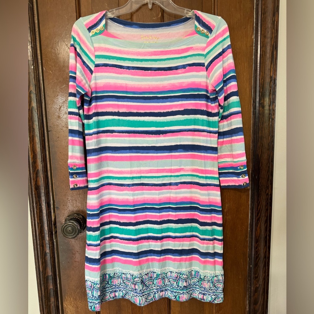 LILLY PULITZER Sophie Dress Size Small Sandy Shell Multi Stripe Boat Neck